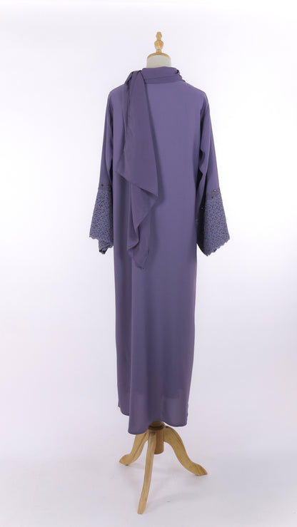 Closed Purple Abaya With Floral Embroidery And Matching Sheila