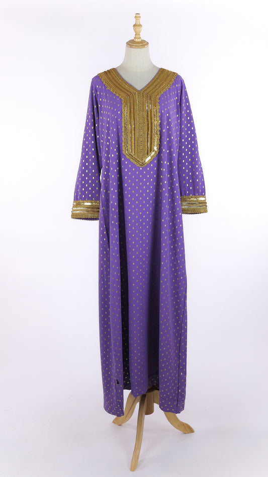 Purple Jellabiya With Gold Sequin Neckline And Cuffs