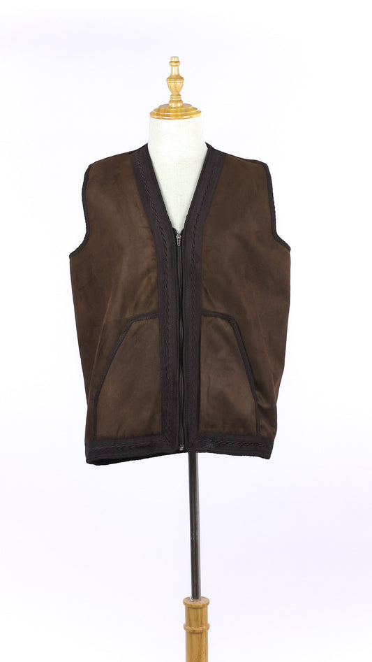 Fur Lined Suede Brown Vest With Embroidered Zipper Closure