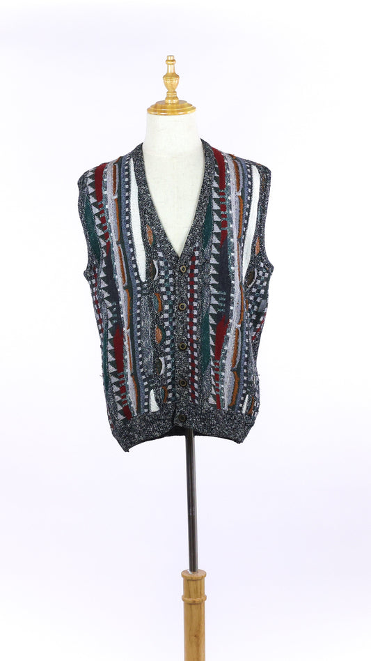 Vintage Grey Knitted Sweater Vest With Multicolored Pattern